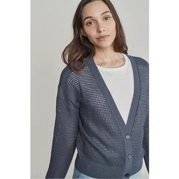 Elizabeth and James Slate Blue Open Knit Cardigan Sweater - Picture 1 of 5